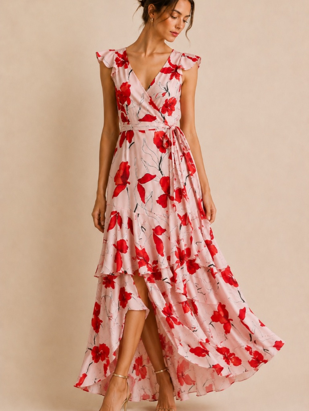 Hutch Senna Floral Ruffle Wrap Tiered Maxi Dress Pink Satin Size L